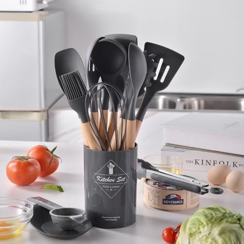 Kit 12 Utensílios De Cozinha Em Silicone Antiaderentes Com Cabo De Madeira Com Suporte Colher Espátu
