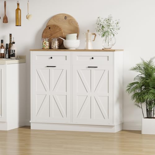 Image of Double Tilt Out Trash Cabinet 20 Gallon,Dual Kitchen Wood Trash Can with Hideaway Drawers,Hidden Pet-Proof Garbage Can Laundry Hamper for Kitchen, Dining, Living Room