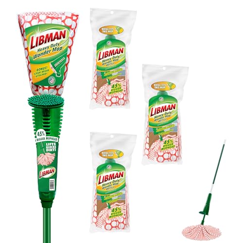 Libman Heavy Duty Wonder Mop Plus 3 Refill Heads | Absorbent Microfiber | Self Wringing Mop | Household Mops Buckets & Accessories | Machine Washable | Multi-Surface Floor Mop | 3 Replacement Heads