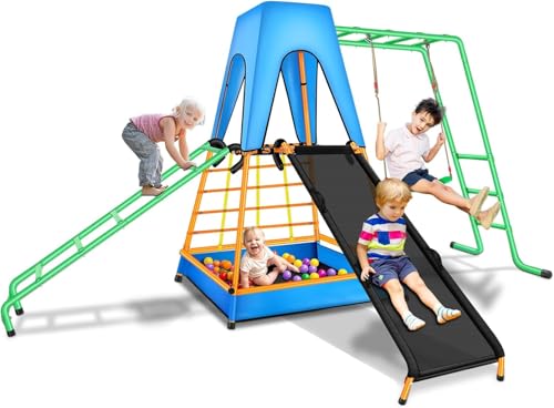 Outdoor Climbing Toys for Kids Swing Sets for Backyard, All-in-One Kids Outdoor Play Equipment with Swings, Slide, Climbing Ladder, Ball Pit and Roof, Outdoor Playset.