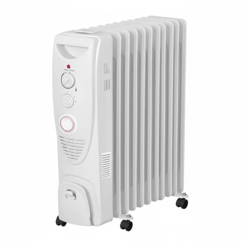 Radiatore ad Olio 2500W con 11 Elementi Riscaldanti 3 Livelli di Calore Termostato Regolabile Timer 24 Ore Tripla Protezione di Sicurezza Ruote Piroettanti e Avvolgicavo 50 x 24 x 62 Cm Bianco