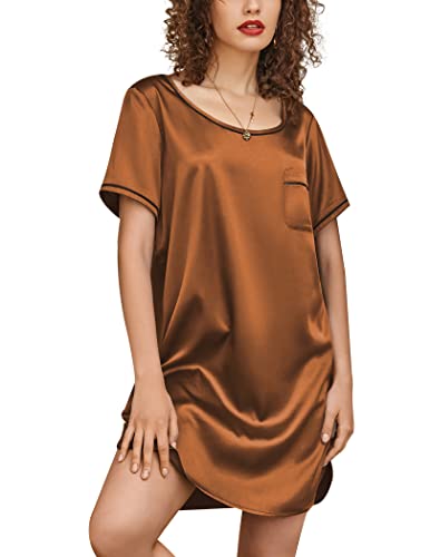 Eshion Womens Satin Night Shirts Silk Nightgown Short Sleeve Sleep Dress Cozy O Neck Pajama Shirt Sexy Side Slit Short Sleepwear Khaki X-Large #TOP21