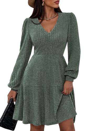 PRETTYGARDEN Womens Sweater Dress 2025 Fall Long Sleeve V Neck A Line Fit and Flare Ribbed Short Dresses Knit Outfits Pockets