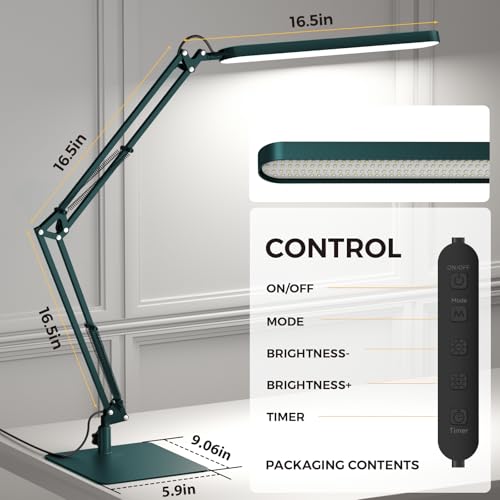 Image of SKYLEO LED Desk Lamp with Slim Base - Adjustable Swing Arm Desk Light, Dimmable, Timer, Eye Protection, Memory Function, 1300LM, 12W, Green