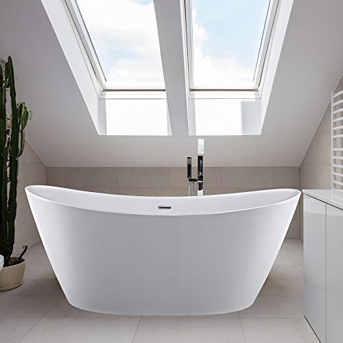 Empava 67 Inch Luxury Freestanding Bathtub Acrylic Soaking SPA Tub Contemporary Design with Brushed Nickel Overflow and Drain White, FBT518 Empava 67 Inch Luxury Freestanding Bathtub Acrylic Soaking SPA Tub Contemporary Design with Brushed Nickel Overflow and Drain White, FBT518