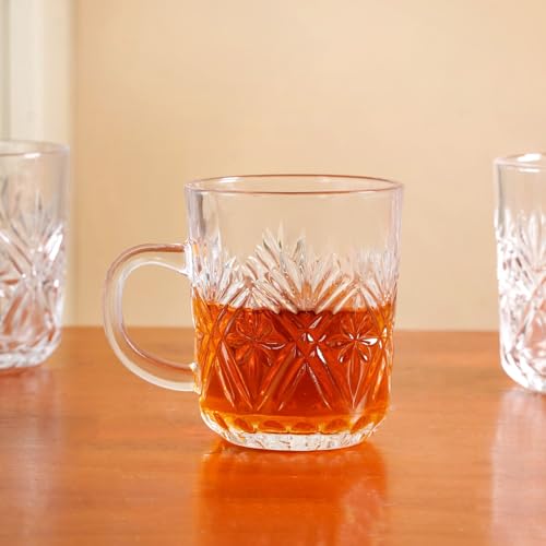 Image of Nestasia Set of 6 Transparent Glass Tea Cups (230ml Each) - Diamond Embossed Durable & Chip-Resistant Coffee Mugs | Perfect for Coffee, Tea, Hot & Cold Beverages