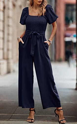 Angashion Women's Jumpsuits Square Neck Puff Short Sleeve Smocked Waist Wide Leg Outfit Rompers Playsuit With Belt Pocketsnavy Bluelarge #TOP1
