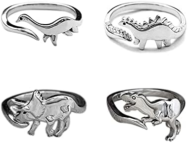 Caiyao 4Pcs Cute Dinosaur Tyrannosaurus Triceratops Ring Set 14K Silver Plated Lovely Opening Adjustable Polished Animal Ring for Women Men Boy Teen Girl Jurassic Bar Era Dinosaur Jewelry Gift-A 4pcs