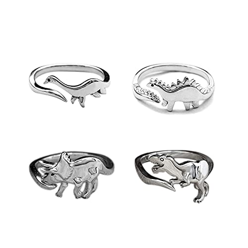 Caiyao 4Pcs Cute Dinosaur Tyrannosaurus Triceratops Ring Set 14K Silver Plated Lovely Opening Adjustable Polished Animal Ring for Women Men Boy Teen Girl Jurassic Bar Era Dinosaur Jewelry Gift-A 4pcs