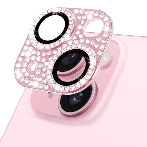 Hsefo Designed for iPhone 15 and 15 Plus Camera Lens Protector, Bling Rhinestone Sparkle Diamond 9H Tempered Glass Lens Cover Shockproof Full Protective Camera Cover,Light Pink