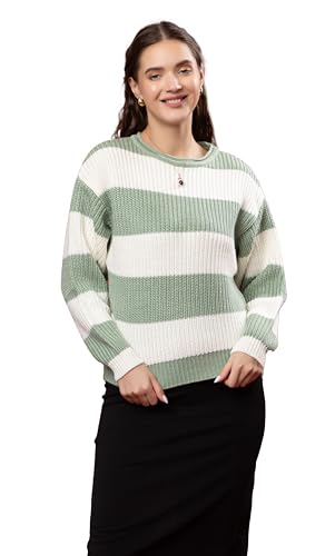 Image of Wear lusso Women's 100% Wool Color Block Stripe Full Sleeve Round Neck Pullover Sweater | Winter Season Fashion