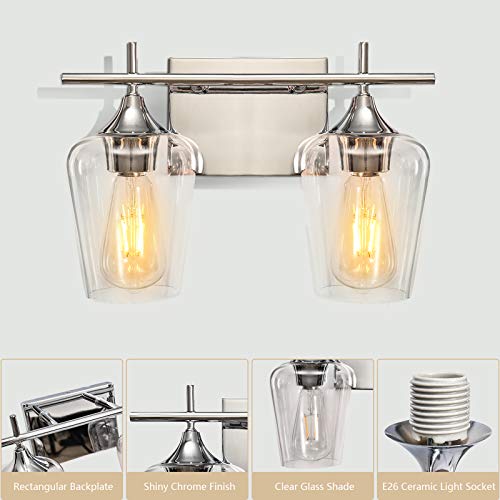 Image of Vanity Lights Fixtures 2 Light Bathroom Light Fixtures, Chrome Bathroom Lighting Fixtures Over Mirror with Clear Glass Shade Modern Vanity Lighting for Bath, Living Room, Bedroom