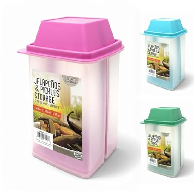 Pickle Container with Strainer, Cucumber Jalapeno Olive Keeper with Strainer for Mess-Free Storage of Condiment Food, 40.6 oz Size (Pink)