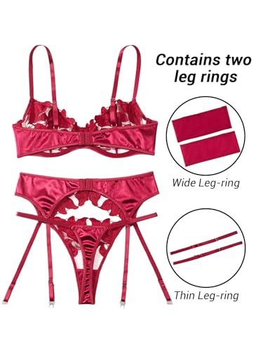 Image of Lilosy Sexy Leaf Floral Embroidered Mesh Sheer Women Underwire Push Up Lingerie Set