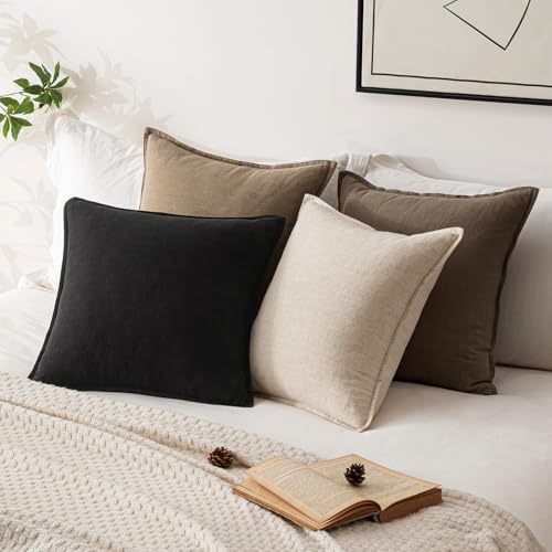 Image of 18x18 Inch Set of 2 Decorative Linen Solid Throw Pillow Covers Boho Accent Farmhouse Couch Pillowcases Modern Netural Home Decor for Couch Sofa Living Room Bed,Black