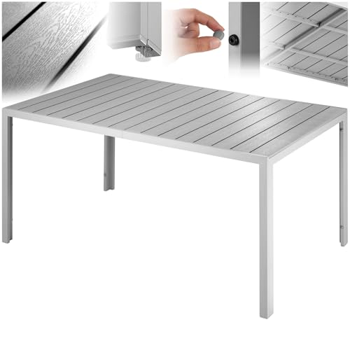 tectake® Tavolo da Giardino Rettangolare, Telaio in Alluminio Inossidabile, Piano con Listelli Effetto Legno, Piedi Regolabili in Altezza, Design Moderno, 150x90x74,5 cm - Grigio/Argento
