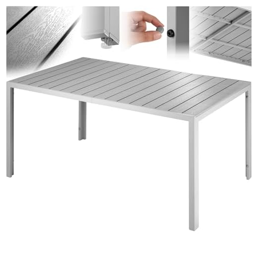 TecTake® Table à Manger Extérieur & Intérieur en Aluminium & Aspect Bois 150 x 90 x 74,5 cm Résistante aux intempéries, Réglable en Hauteur, Salon de Jardin Exterieur Mobilier de Jardin
