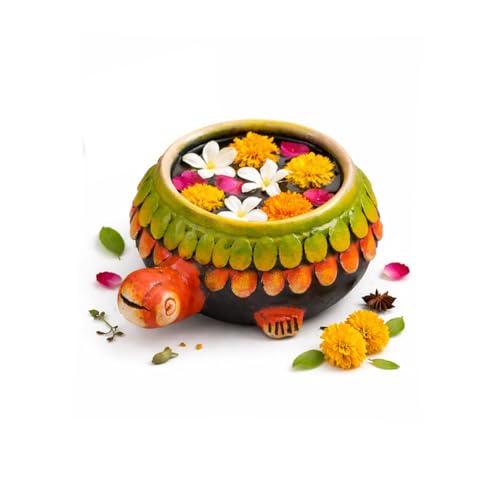 Image of Hand-Painted Terracotta Bowl - 7 inch Decorative Urli Centerpiece with Turtle Design, Perfect for Home & Garden, Ideal for Floating Candles & Flowers
