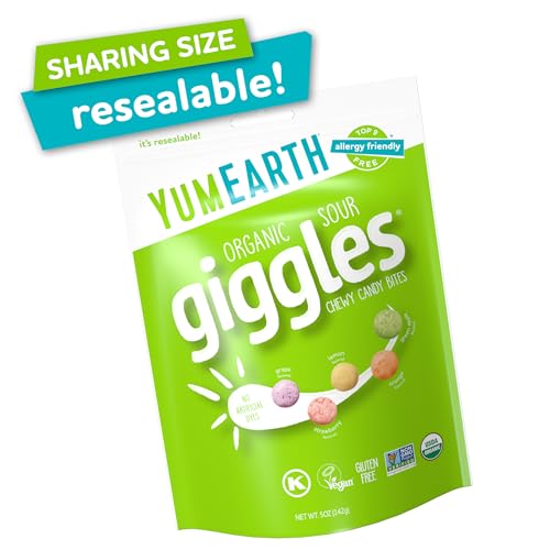Image of YumEarth Organic Sour Giggles Chewy Candy - Allergy Friendly (Top 9 Free), No Artificial Dyes, Non GMO, Gluten Free, Vegan Candy Snacks - 5 Ounce Bag (Pack of 1)