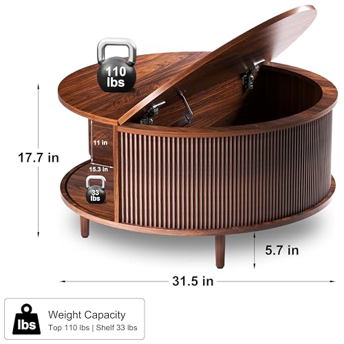 Image of Round Coffee Table, 31.5 inch Fluted Center Table with Storage, Lift-Top Coffee Table with Adjustable Footpads, Sliding Door, Mid-Century Modern Center Table for Living Room, Small Space, (Walnut)