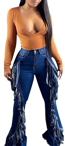 Bell Bottom Jeans for Women Ripped High Waisted Classic Tassels Flared Pants
