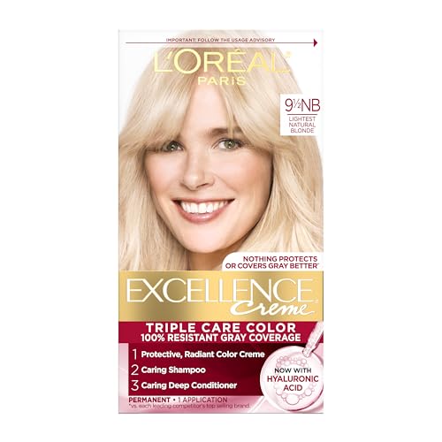 L'Oreal Paris Excellence Crème Permanent Hair Dye, Triple Care Hair Color with Pro-Keratine Complex for 100% Gray Hair Coverage, 9.5NB Lightest Natural Blonde, 1 Kit