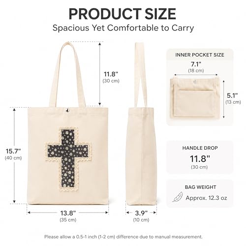 Image of Christian Tote Bag Gift for Women, Canvas Bible Bag Handmade Floral Cross | Christian faith-inspired gift, handcrafted cross with lace, inner pocket, snap closure, bottom gusset, church Bible study use