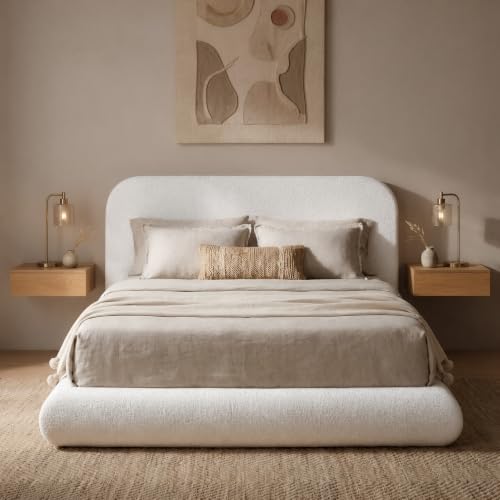 Image of RECCI Airframe Bread Queen Curved Cloud Platform Bed Frame | Fully Cushioned Foam Arched Panels and Rounded Headboard, Easy to Assembly, Cream Plush Velvet Fabric for Aesthetic Bedrooms