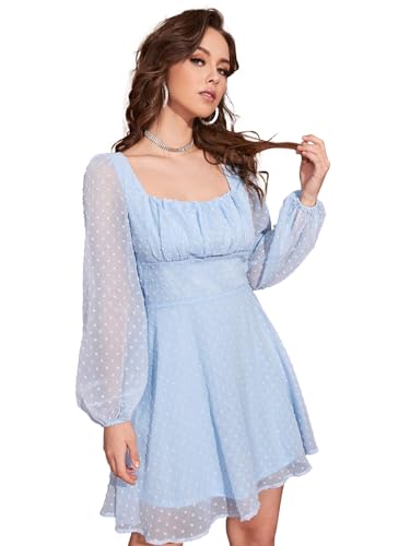 Image of Women's Polka Swiss Dots Square Neck Dress Lantern Long Sleeve Dress for Women Chiffon Mini Dress