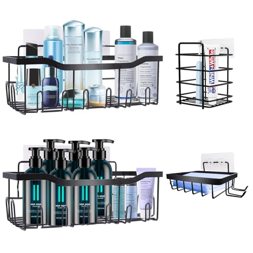 WAOAW Estanteria Baño,Estante Ducha Sin Taladro, Resistente Al Agua y Al Oxido,4 Unidades de Color Negro,Organizador Ducha,Soporte Para Champú Para Ducha,Champú,Gel de Ducha,Jabón
