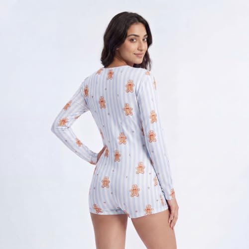 Image of Women Christmas Shorts Romper Print Long Sleeve Deep V Neck Fitted Jumpsuit | Fashion sweet bow star striped romper, suitable for daily wear, festival, fall