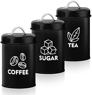 Joyfair Tea Coffee Sugar Canisters, 3 Pack of Metal Storage Jars with Air Tight Lid, Round Food Canisters Great for Storing Beans, Nuts, Candies, Cookies, Ideal for Kitchen/Office/Camping, Black