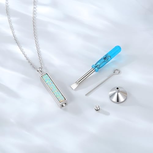BEILIN Urn Necklaces for Ashes Sterling Silver Vertical Bar Pendant Necklace Cube Memorial Ashes Necklace Opal Cremation Urn Pendant for Women4