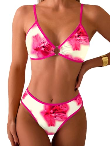 Image of Fanuerg Women's Triangle Bikini Sets O Ring Linked Two Piece Swimsuits Floral Printed Cheeky Bathing Suit