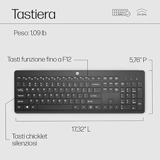 HP 230 Combo Tastiera e Mouse Wireless con Dongle USB-A a 2,4 GHz, Digitazione Silenziosa, Tasti Scelta Rapida e 12 Funzioni, Tastierino Numerico, Mouse a 1600 DPI, Rotella Scorrimento, Nera