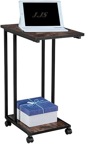 Miniatura 10 de JJS Mesa lateral C para sofá, sala de estar, mesa de aperitivos que se desliza debajo para espacios pequeños, roble/blanco blanco (Oak/White),Marrón