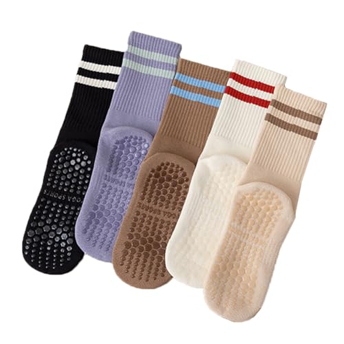 Pilates Socks for Women 5 Pairs - Non Slip Grip Socks with Terry Thick Cushioned Sole - Ideal for Yoga, Barre, Gym Workouts Sweat-absorbent Stockings Cotton