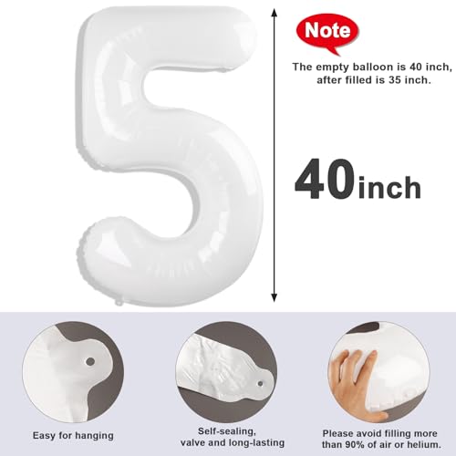 Image of 5 Balloon Numbers Birthday Decorations, 40In White Balloons for Men Women | Eye-catching Appearance, Perfect Decorative Centerpieces, Convenient Self-sealing Structure, Widely for Various Occasions