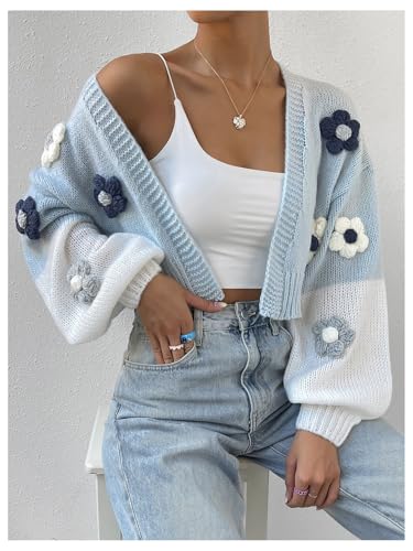 GORGLITTER Women's Chunky Knit Cardigan Sweater Y2k Flower Long Sleeve Open Front Bolero Shrug Crop Cardigan Sweater Jacket2