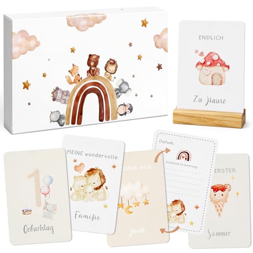 ITClosud 50 Meilensteinkarten Baby mit beschreibbaren Rückseiten Inkl. Kartenständer Aus Holz Mit Handgemalten Boho Illustrationen Geschenk zur Schwangerschaft Babyshower und Geburt