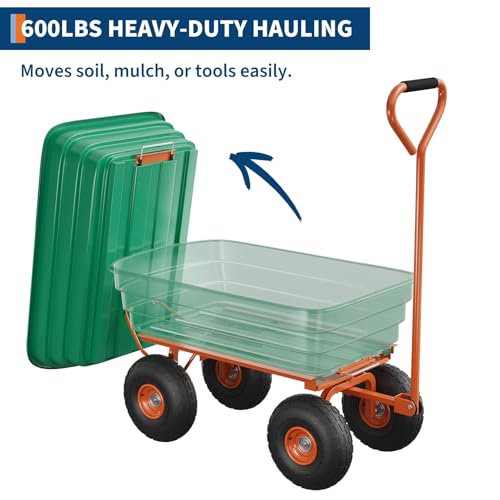 Carrito Volteo de Jardín Heavy-Duty de 4 pies cúbicos con Mango Giratorio 180° - Capacidad 600LB Todo Terreno para Jardín, Granja y Uso Exterior, Verde y Naranja miniatura 5