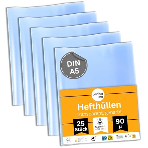 perfect line 25 Hefthüllen DIN-A5 transparent, Heftumschlag durchsichtig & genarbt, Heftschoner aus recyclebarem Polypropylen (PP)