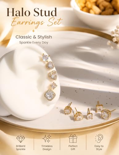 Image of 5 Pairs 14K Gold Plated Stud Earrings for Women, Hypoallergenic Earring Sets for Multiple Piercing, Premium Cubic Zirconia Studs Earrings for Women