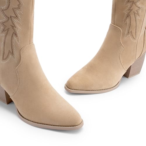 Image of DREAM PAIRS Womens Cowboy Boots Wide Calf Comfortable Pull On Zipper Chunky Heel Pointed Toe Embroidered Western Cowgirl Knee High Boots Ladies Retro Tall Boot