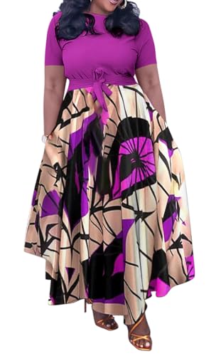 Image of BFFBABY Plus Size Dress A Line Dresses for Women Summer Long Dresses with Sleeve Casual Belted