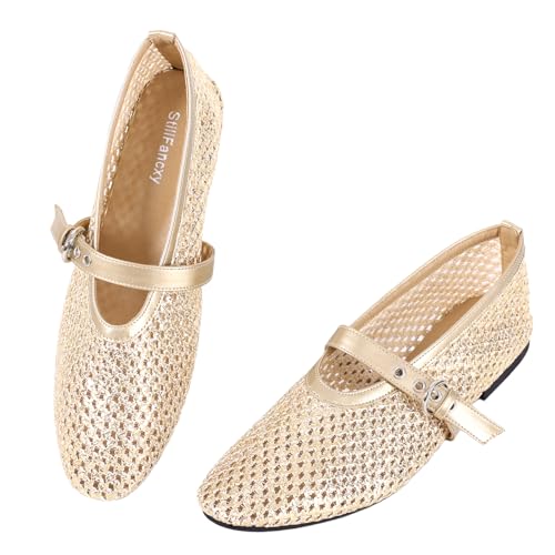 Mesh Ballet Flats Mary Jane Flats Round Toe Slip On Shoes Casual Breathable Ballerina Flats Gold