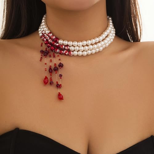Dripping Blood Pearl Choker Necklace for Women Multiply Layer Halloween Pearl Necklaces Gothic Vampire Party Costume Jewelry Gifts2