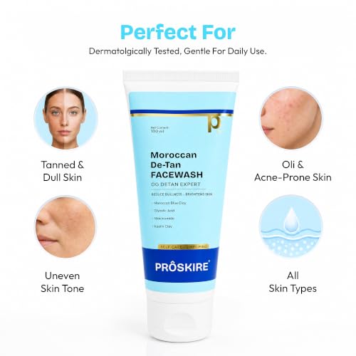 Image of Proskire Moroccan De-Tan Face Wash 100ml | Removes Tan, Reduces Dullness & Brightens Skin | With Moroccan Blue Clay, Glycolic Acid, Niacinamide & Kaolin Clay | Deep Cleansing Face Wash for All Skin Types 100ml