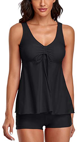 Image of Modest Tankini Swimsuits for Women Two Piece Bathing Suits Floral Print Tank Top with Boyshorts Tummy Control Swimming Suits