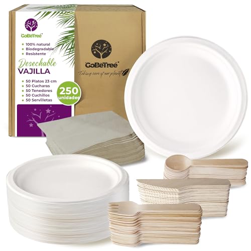 Vajilla Desechable 250 pcs para 50 personas, Platos desechables de Caña de Azúcar y Cubiertos desechables de Madera, Para Cumpleaños infantil, fiestas y barbacoas